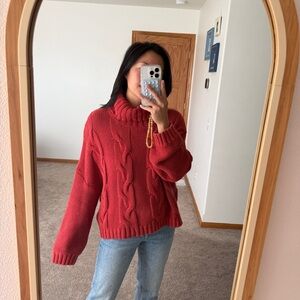 Amazon Brand Red Orange Chunky Oversized Cable Knit Turtleneck Sweater Medium